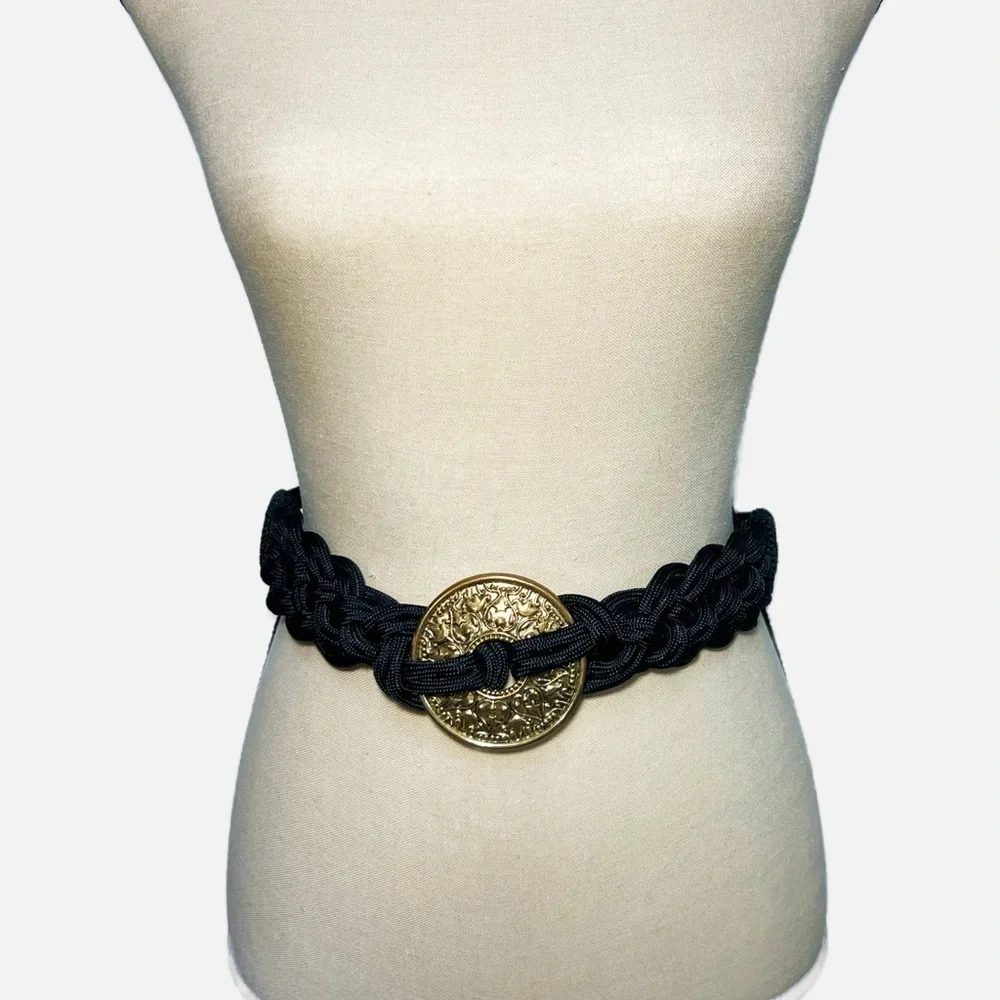 Vintage 90s Braided XL Belt Brass Medallion Stretch Boho Statement